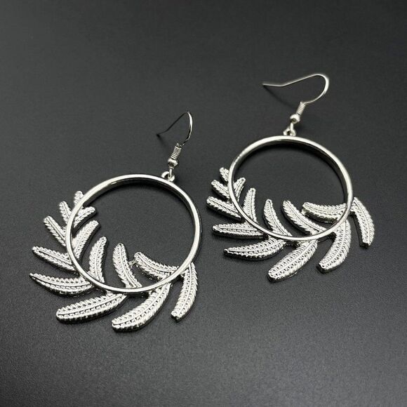 Silver Round Circular Open Hoop Fern Leaf Dangling Drop Hook Earrings - Picture 2 of 8